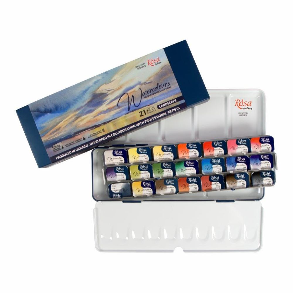 Rosa Watercolour Paints Landscape 21 Asst. Colours Full Pans Indigo Case Rosa Watercolour Paints Landscape 21 Asst. Colours Full Pans Indigo Case