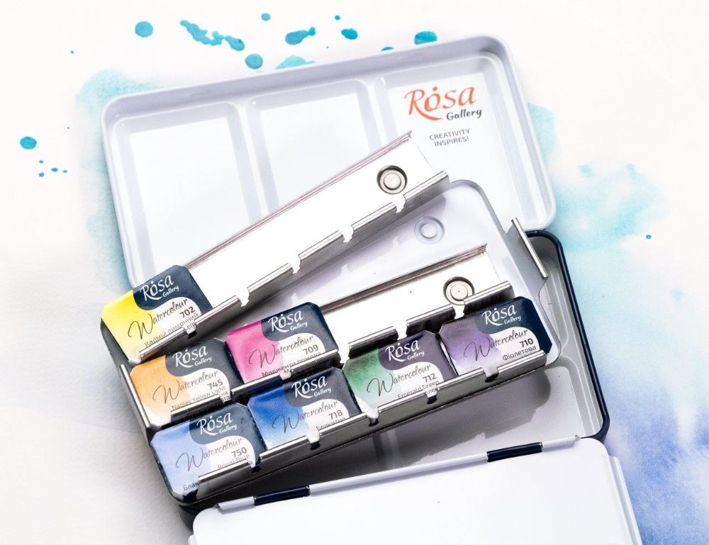 Rosa Watercolour Paints Classic 12 Asst. Colours Full Pans Turquoise Metal Case Rosa Watercolour Paints Classic 12 Asst. Colours Full Pans Turquoise Metal Case
